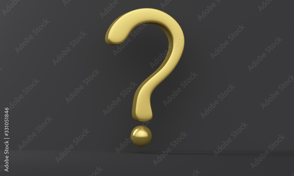 Aufkleber black studio background with overhead lighting and a golden question. business concept. 3d rendering