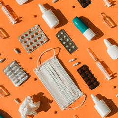 Set of pills and bottles of nose drops for treatment various viruses symptoms. Treatment of...
