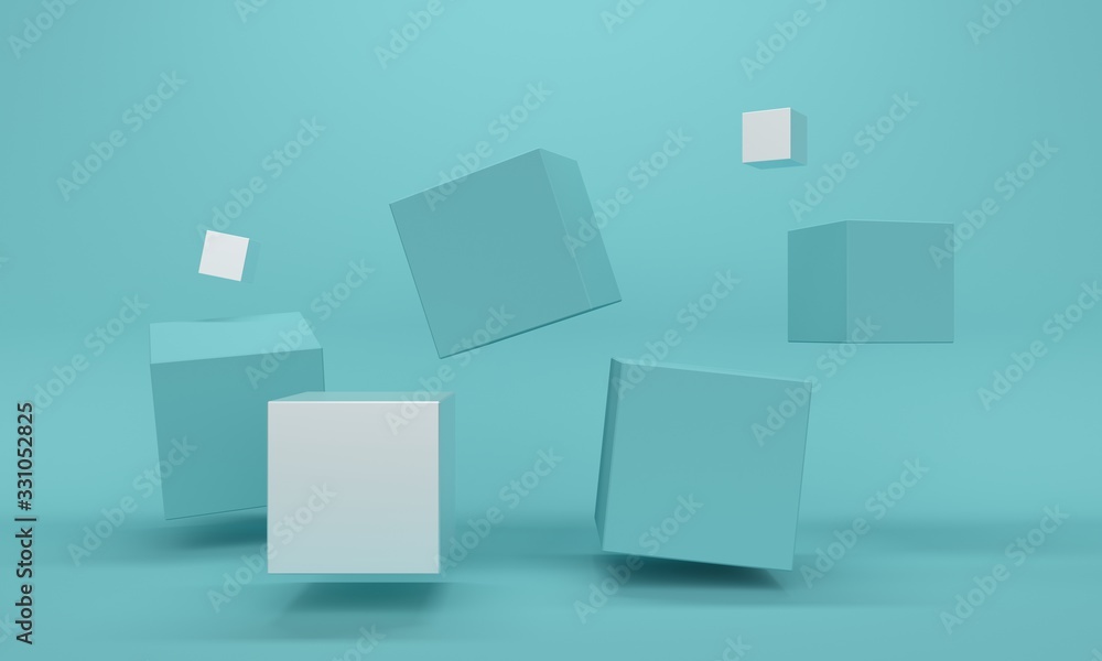Poster silver cube levitates on a blue background with shadows and upper light. 3d rendering