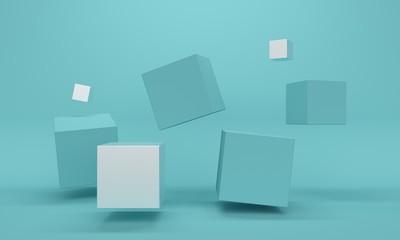 Silver cube levitates on a blue background with shadows and upper light. 3d rendering