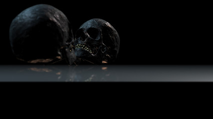 Human skull with dark background. Death, horror, anatomy and halloween symbol. 3d rendering, 3d illustration