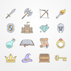 Set of fantasy role play PC game items in flat style. Sword battle axe shield warrior helmet bow castle diamond torch potion spell book scroll chest crown. Vector stock image.