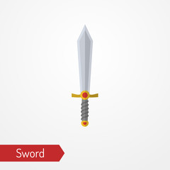 Abstract iron one-handed sword decorated with gems. Isolated icon in flat style. Typical medieval knight hand weapon. Vector stock image.