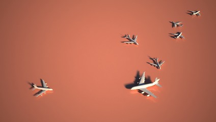 travel design background. 3d rendering airplane on modern color floor. 