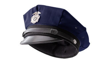 Protect and serve, law enforcement and american cop concept police officer hat isolated on white...