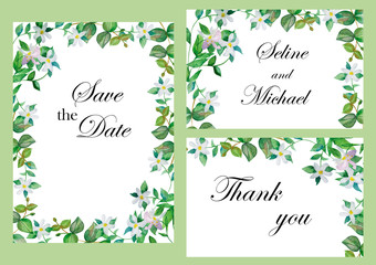Watercolor hand painted nature wedding frames set with green eucalyptus leaves on branches and white blossom bergamot flowers for invite and greeting cards with save the date, names and thank you text