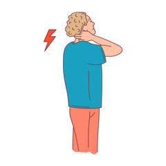 Man with throat pain touching his neck. Flat lineart modern trendy style. Hand drawn vector character illustration. Isolated on white background.