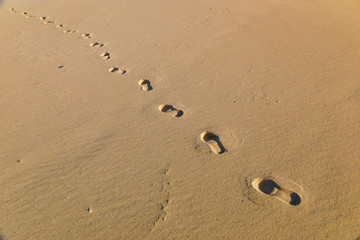 Fototapeta na wymiar the trail of a lonely traveler on the sand in the desert