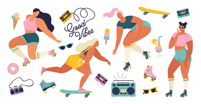 Roller skating girls with record player dancing on the street illustration in vector. Girl power concept poster with inspirational text quote dance, babe.