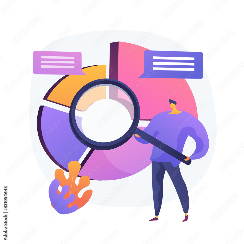 Aufkleber statistical analysis. man cartoon character with magnifying glass analyzing data. circular diagram w