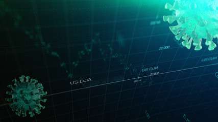 Stock market graph global crisis caused by corona virus SARS-CoV-2, source of COVID-19 pandemic disease. American market index in 2020, industry in recession.