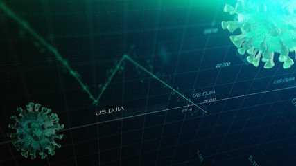 Stock market graph global crisis caused by corona virus SARS-CoV-2, source of COVID-19 pandemic disease. American market index in 2020, industry in recession.