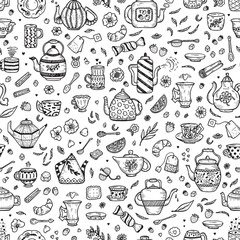 Tea Time Vector Seamless pattern. Crockery and Sweets food. Hand Drawn Doodle Different Teapots, Coffee or Tea Cups