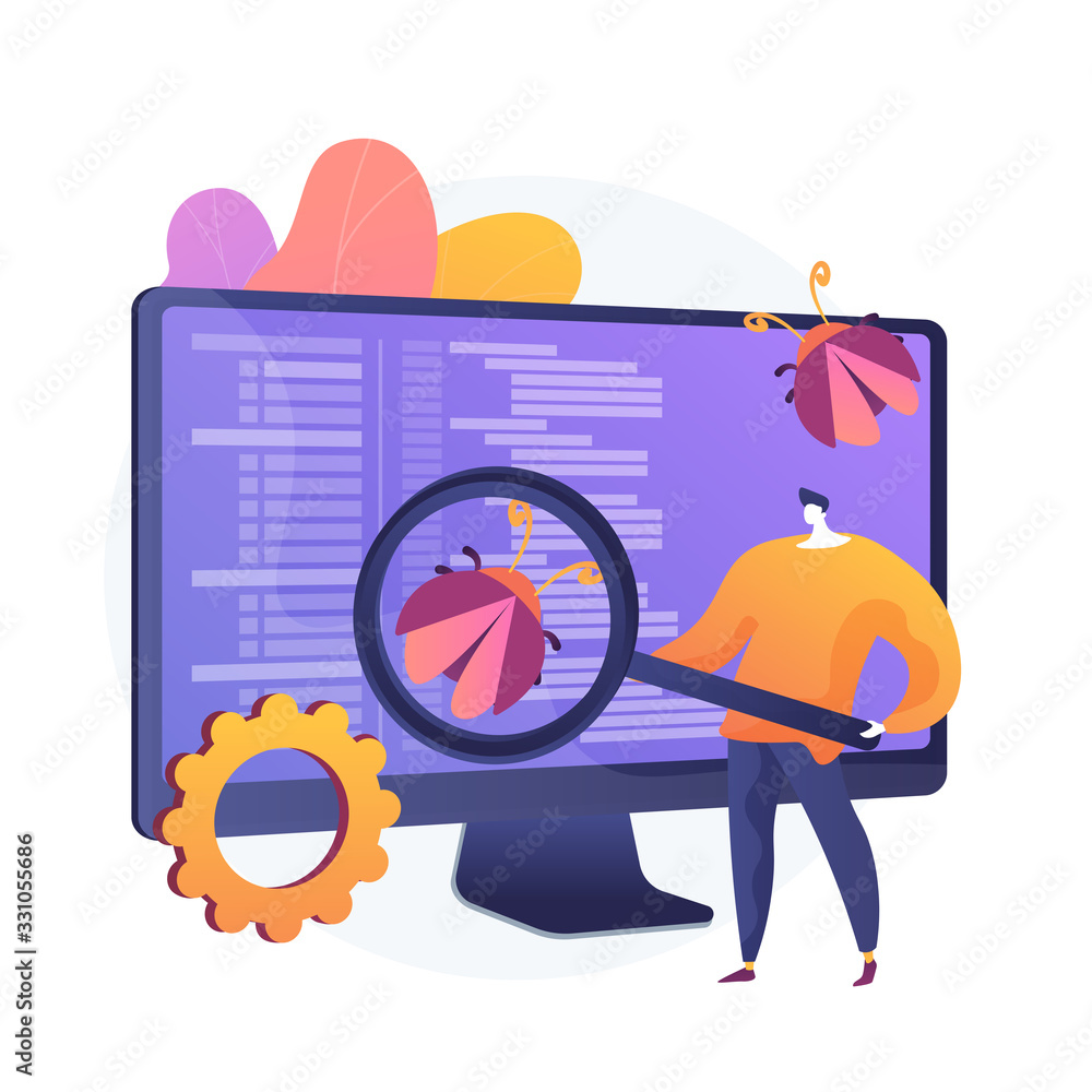 Aufkleber software testing. programmer cartoon character with magnifier looking for defects in programme, appl