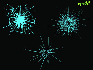 Broken glass, cracks, bullet marks on glass. Illustration set. breaking effect set. Texture glass with black hole. High resolution eps 10