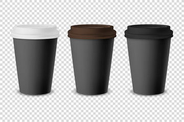 Vector 3d Black Realistic Disposable Closed Paper, Plastic Coffee Cup for Drinks with White, Brown and Black Lid Set Closeup Isolated on Transparent Background. Design Template, Mockup. Front View