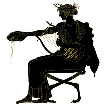 Isolated vector illustration. Seated ancient Greek god Apollo or beautiful woman with cup and lyre. Monochrome black and gold silhouette.