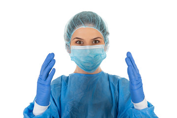 Young female surgeon on isolated