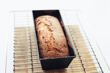 Organic bread in a baking pan. Selective focus shot
