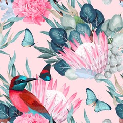 Vector seamless pattern with birds and protea