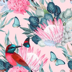 Cotton fabric Vector seamless pattern with birds and protea