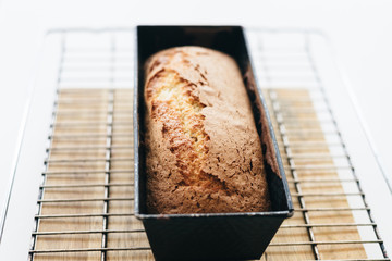 Organic bread in a baking pan. Selective focus shot