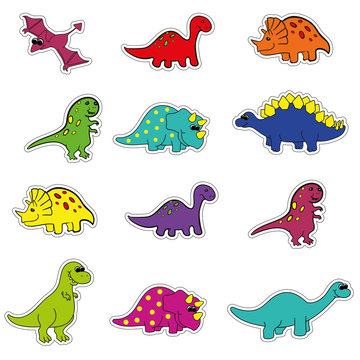 cute cartoon colored variety of dinosaurs stickers with outline for cutting, vector. Tyrannosaurus, Diplodocus, stegosaurus, Triceratops