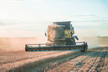 One combine harvester in the agricultural field on sunny day