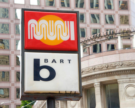 San Francisco, CA - August 08, 2016:  BART MUNI sign. Muni Metro provides transportation in San Francisco.  BART carries commuters to and from San Francisco, the East Bay and San Mateo County.