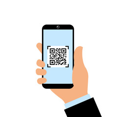 smartphone with a QR code on the screen. vector illustration. hand holding a modern phone to scan the QR code.