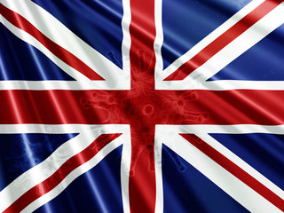 emblem of the UK with virus symbol inserted as a watermark..