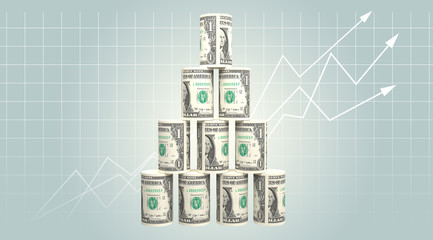 Financial pyramid with dollar bills and trend line over grid background