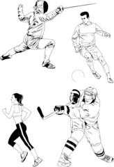 set of vector drawings-players of different sports-hockey player, football player, baseball, drawn in ink by hand