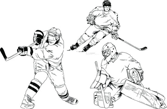 set of vector drawings-players of different sports-hockey player, football player, baseball, drawn in ink by hand