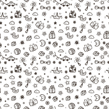 Vector Seamless pattern with doodle Toys. Kids background. Childhood Endless wallpaper.