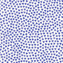 Vector abstract seamless pattern with blue watercolor textured hearts on a white background. Valentine Day decoration, page fill, wallpaper, wrapping paper, textile print. 