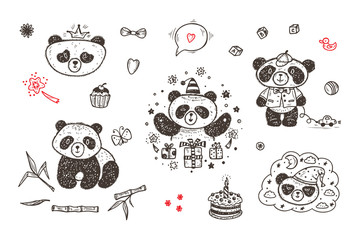 Cute Baby Panda Vector Set. Hand Drawn Doodle Funny Black and White Bear Cartoon Characters