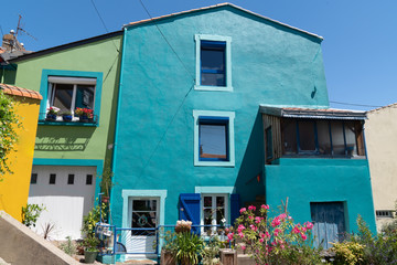 Trentemoult village colorful green blue house in west France near Nantes