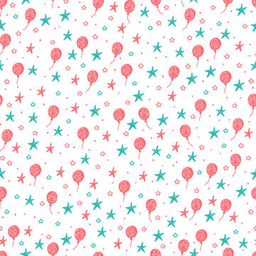 Vector Holiday seamless pattern. Hand Drawn doodle Balloons and Stars. Festive attributes. Celebratory background