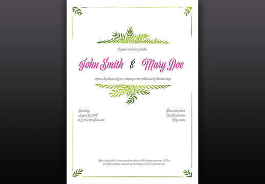 Wedding Invitation Layout with Leaf Illustration Elements