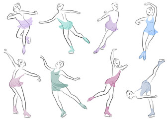 Collection. Skater skates on ice. The girl is beautiful and slender. Lady athlete, figure skater. Vector illustration of a set © Nataliia