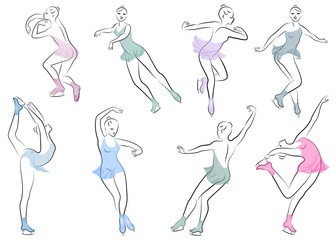 Collection. Skater skates on ice. The girl is beautiful and slender. Lady athlete, figure skater. Vector illustration of a set © Nataliia