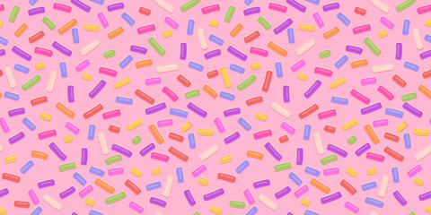 Seamless pattern repeating seamless texture of pink donut glaze with many decorative sprinkles.Vector confectioners icing for cakes and donuts.