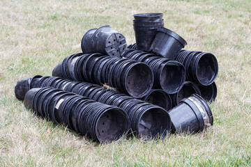 Used plastic pots for seedlings on the lawn.
