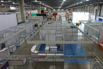 Moscow, Russia, September 20, 2019. Preparation of pavilions for an exhibition inside a large...