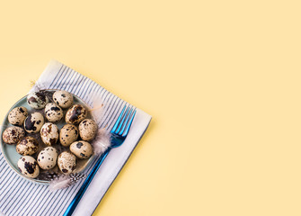 Fresh eggs of different sizes with feathers on a light yellow background.