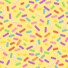 Seamless pattern repeating seamless texture of yellow donut glaze with many decorative sprinkles.Vector confectioners icing for cakes and donuts.