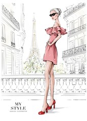 Hand drawn beautiful young woman in pink dress. Stylish girl in sunglasses. Woman in high heels. Fashion woman with Paris street background. Fashion illustration. - obrazy, fototapety, plakaty