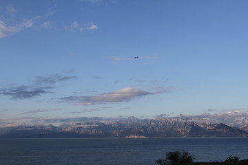 Mountains and sea view in Antalya with snow covered mountains