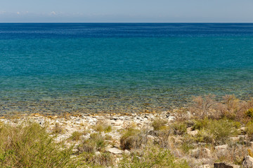 Lake Issyk-kul, the largest lake in Kyrgyzstan, beautiful landscape on the south shore of the lake